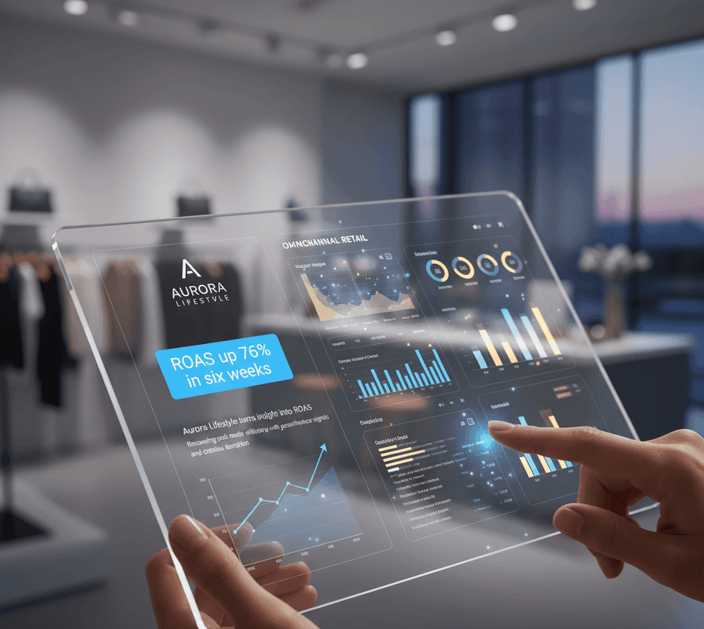 Marketing analyst reviewing performance dashboards for Aurora Lifestyle